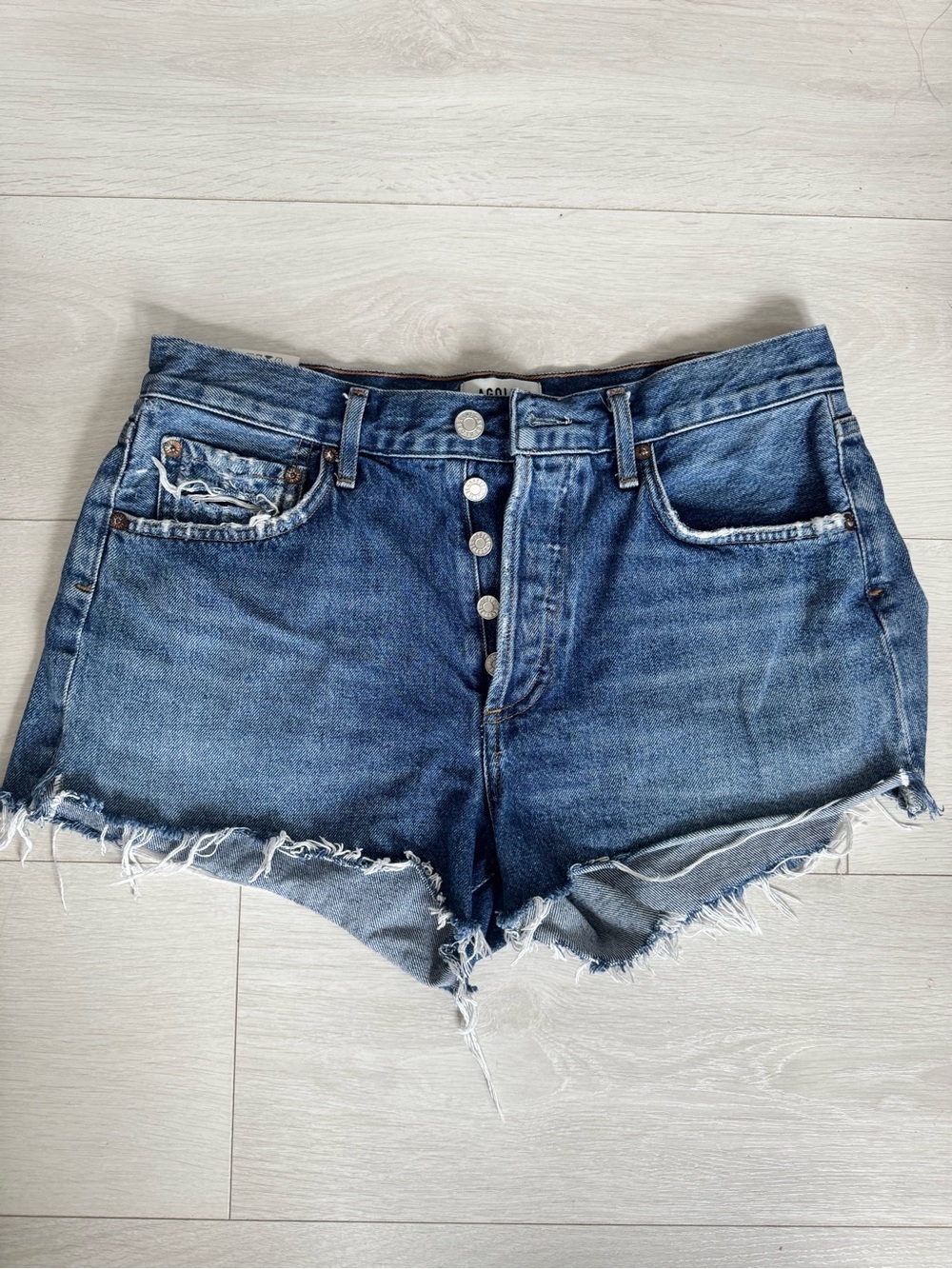 Agolde High Rise Perfectly Distressed Raw Hem Cut Off Denim Jean Shorts Size 28